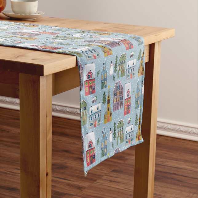 Cute winter Houses red & blue landscape snow  Short Table Runner (In Situ)