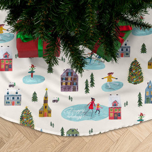 Cute Winter landscape houses skating people Brushed Polyester Tree Skirt