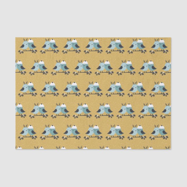 Cute Winter Love Birds Illustrated Pattern Tissue Paper (Front)