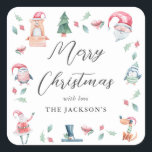 Cute Winter Merry Christmas Personalised  Square Sticker<br><div class="desc">Cute Winter Merry Christmas Sticker. Design features the cutest watercolor festive images framing an elegant Merry Christmas template and family name in a combination of serif and calligraphy script.</div>