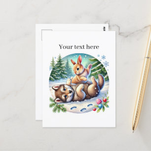 Cute Winter mixed animals wolf rabbit customizable Postcard
