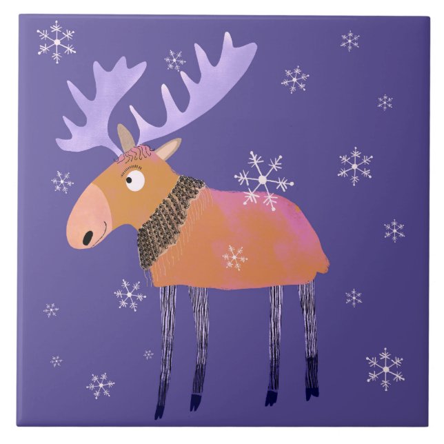 Cute Winter Moose Ceramic Kitchen Tile (Front)