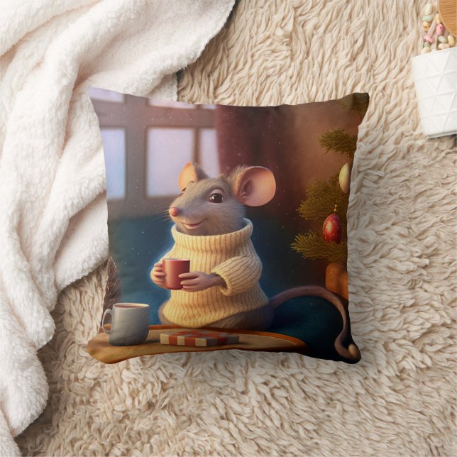 Cute Winter Mouse Drinking a tea Cushion (Blanket)
