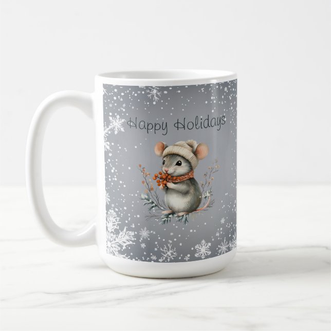 Cute Winter Mouse with Berries Coffee Mug (Left)