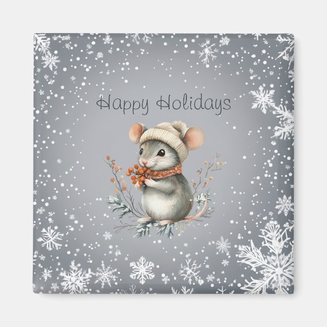 Cute Winter Mouse with Berries Magnet (Front)