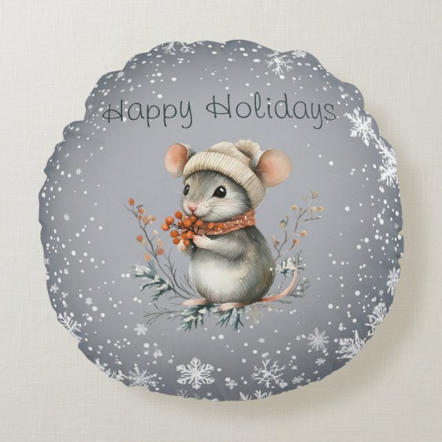 Cute Winter Mouse with Berries Round Cushion (Front)