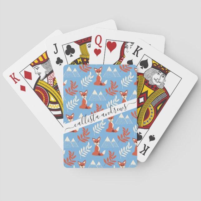 Cute Winter Orange Fox Mountains Leaf Pattern Playing Cards (Back)