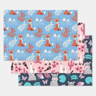 Cute Winter Orange Fox Mountains Leaf Pattern Wrapping Paper Sheet