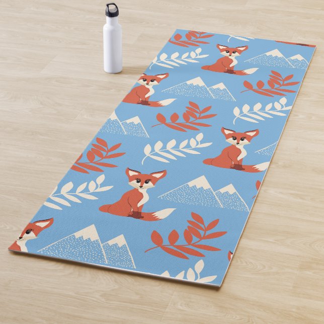 Cute Winter Orange Fox Mountains Leaf Pattern Yoga Mat (In Situ)