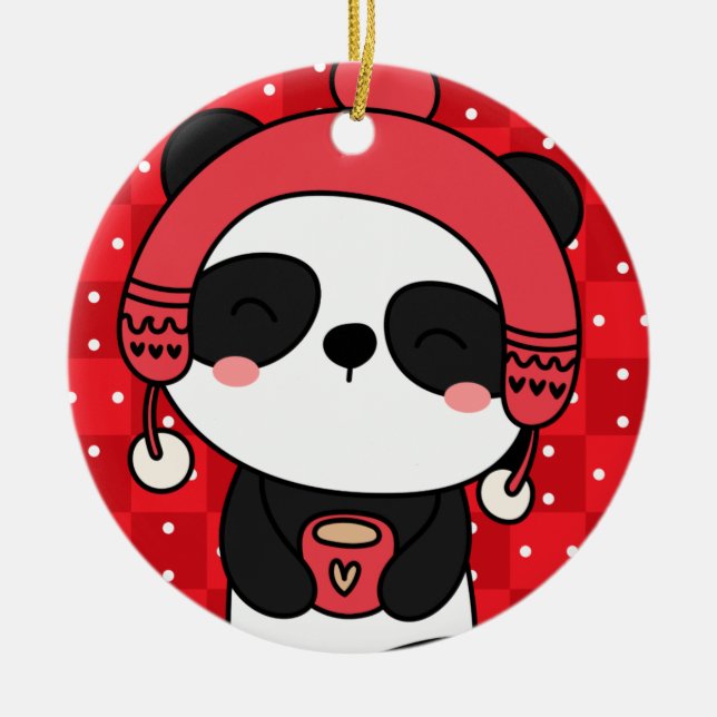 Cute Winter Panda Hand Drawn Ceramic Tree Decoration (Front)