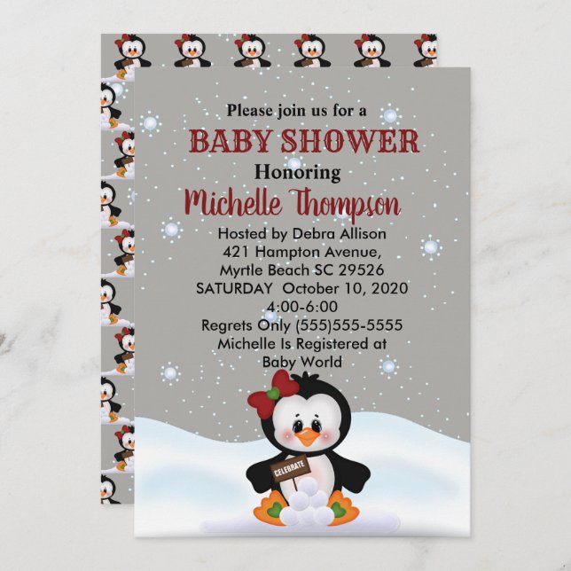Cute Winter Penguin Baby Shower/Birthday Invite (Front/Back)