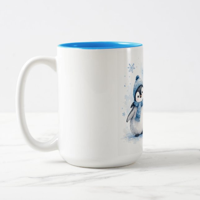 Cute Winter Penguin Blue Accent Coffee Mug | Adora (Left)