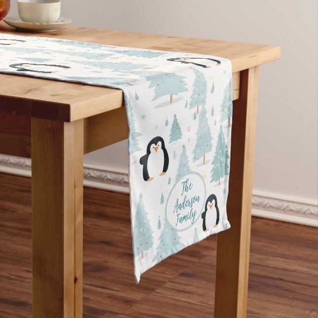 Cute Winter Penguin Christmas Blue Medium Table Runner (In Situ)
