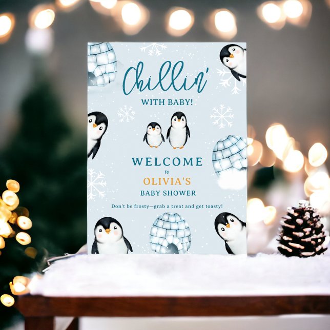 Cute winter penguin igloos welcome baby shower poster (Cute winter penguin igloos welcome baby shower poster)