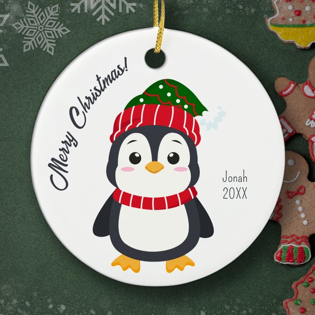 Cute Winter Penguin Personalised Kids Christmas Ceramic Tree Decoration (Creator Uploaded)
