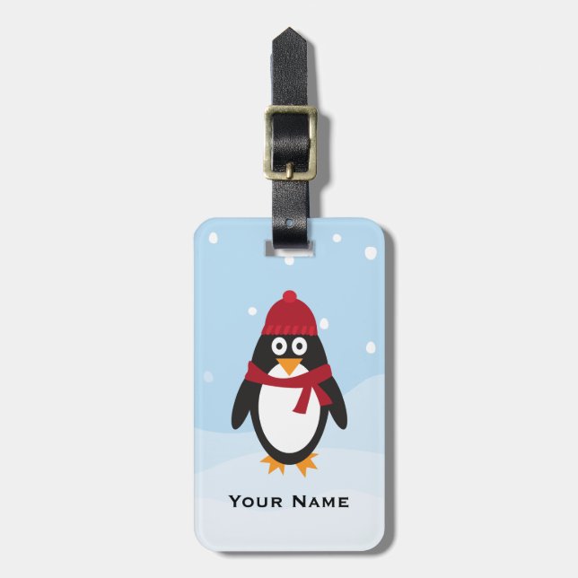 Cute Winter Penguin Personalised Luggage Tag (Front Vertical)