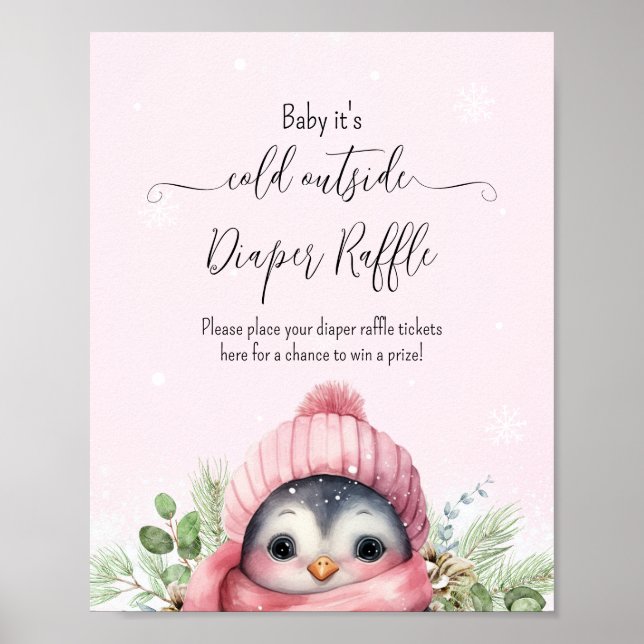 Cute Winter Penguin Pink Girl Baby Shower Sign (Front)