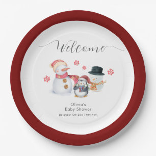 Cute Winter Penguin Snowman Baby Shower Welcome  Paper Plate