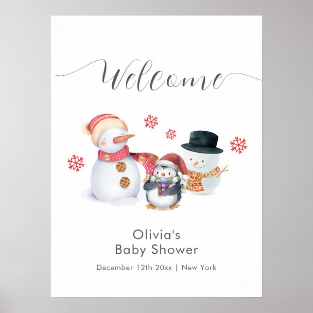 Cute Winter Penguin Snowman Baby Shower Welcome  Poster (Front)