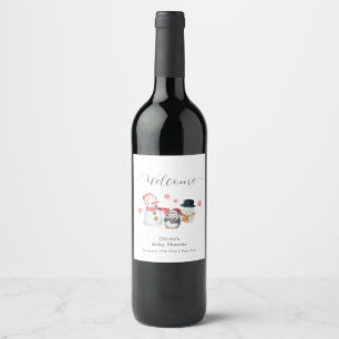 Cute Winter Penguin Snowman Baby Shower Welcome Wine Label
