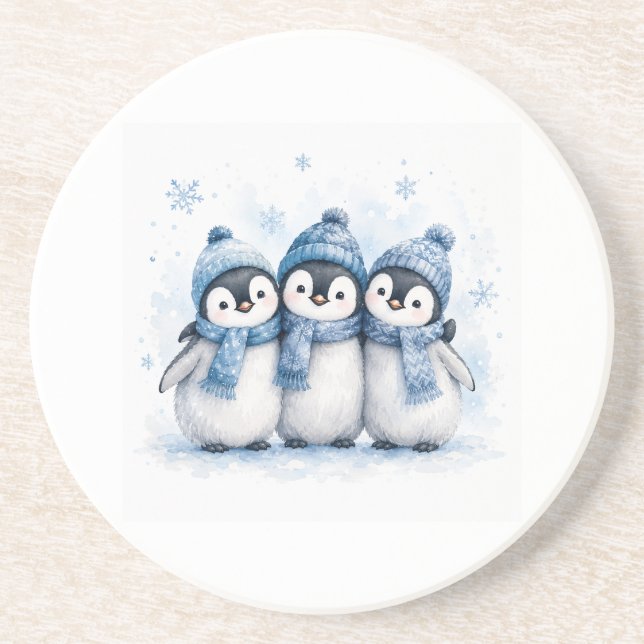 Cute Winter Penguin Trio Can Cooler | Adorable Blu Coaster (Front)