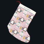 Cute Winter Penguins and Snowman Pink Personalised Small Christmas Stocking<br><div class="desc">Fun kawaii style winter pattern with cute penguins and snowmen in pink,  personalised with your name.</div>