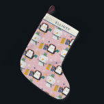 Cute Winter Penguins and Snowman Pink Personalised Small Christmas Stocking<br><div class="desc">Fun kawaii style winter pattern with cute penguins and snowmen in pink,  personalised with your name.</div>