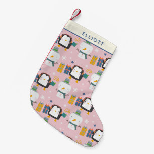 Cute Winter Penguins and Snowman Pink Personalized Small Christmas Stocking