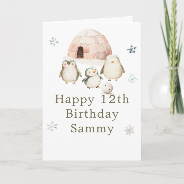 Cute Winter Penguins Birthday Party Card (Front)