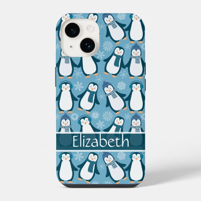 Cute Winter Penguins Design Add Name iPhone Case (Back)