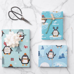 Cute Winter Penguins in Three Patterns Wrapping Paper Sheet