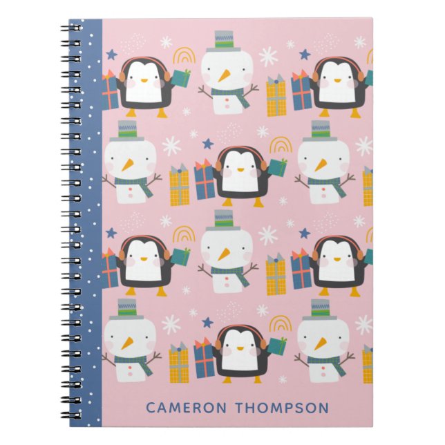 Cute Winter Penguins Snowman Pink Personalised Notebook (Front)