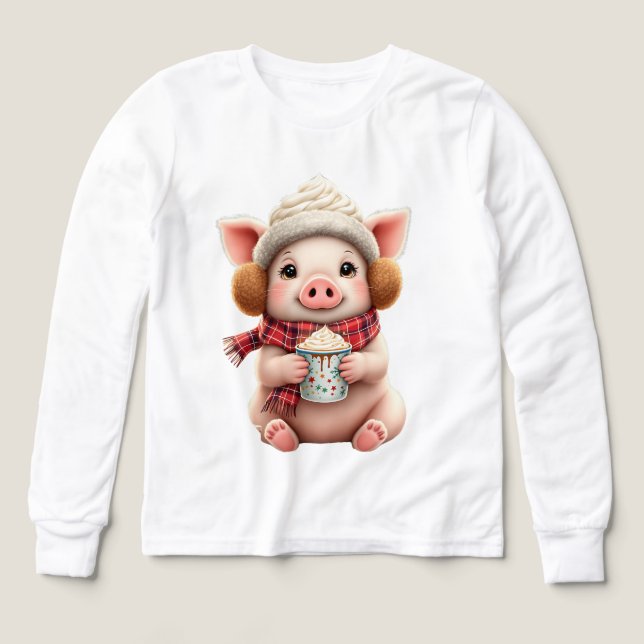 Cute Winter Pig With Hot Cocoa Illustration T-Shir (Design Front)