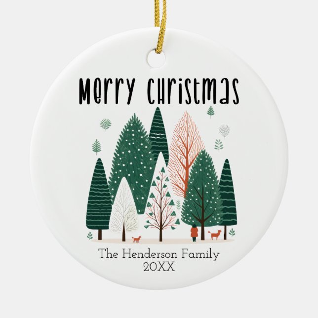 Cute Winter Pine Tree Family Christmas Card  Ceramic Tree Decoration (Front)