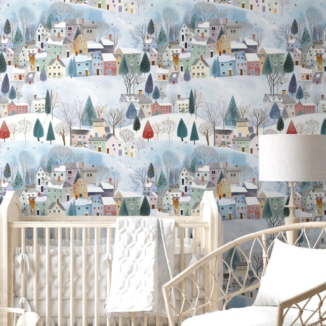 Cute Winter Pine Trees Homes Snow Nursery Room Wallpaper (Cute Winter Pine Trees Homes Snow Nursery Room Wallpaper)
