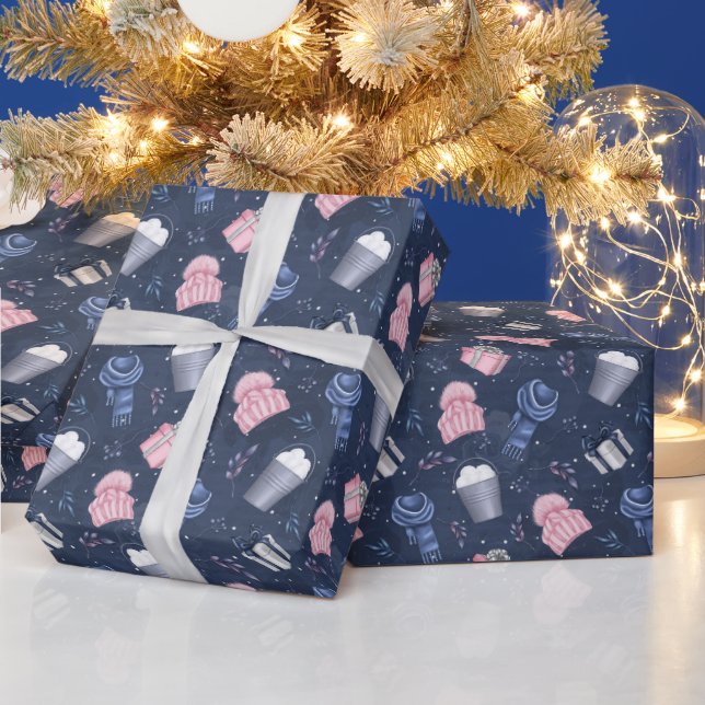 Cute Winter Pink Blue Beanie Hat Scarf Pattern Wrapping Paper (Holidays)