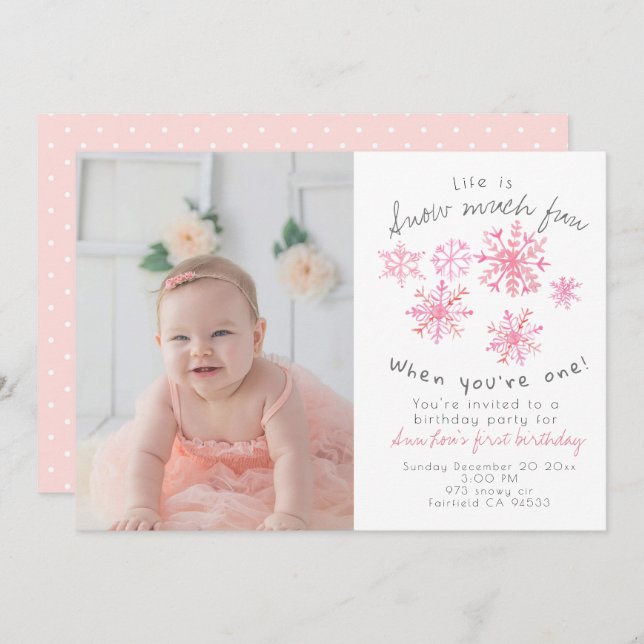 Cute winter Pink snowflake 1st birthday invite (Front/Back)