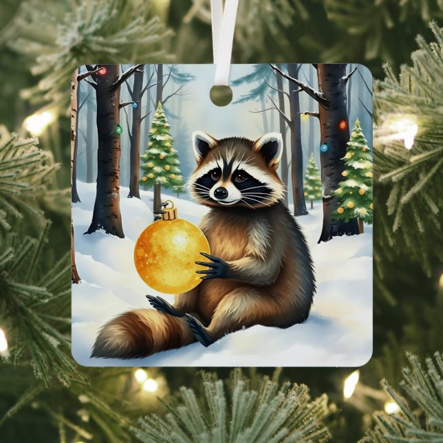 Cute Winter Raccoon with Gold Ornament Christmas (Insitu)