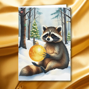 Cute Winter Raccoon with Gold Ornament Christmas Holiday Card