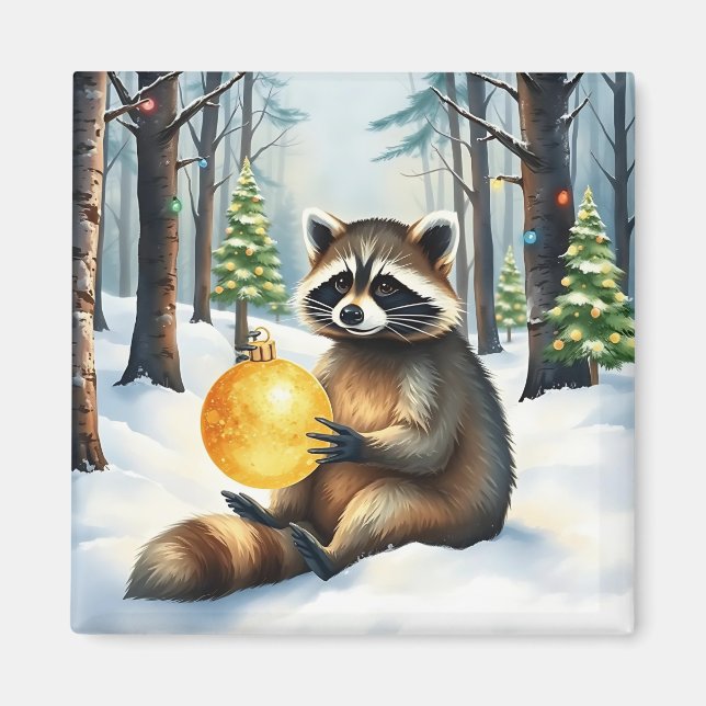 Cute Winter Raccoon with Gold Ornament Christmas Magnet (Front)