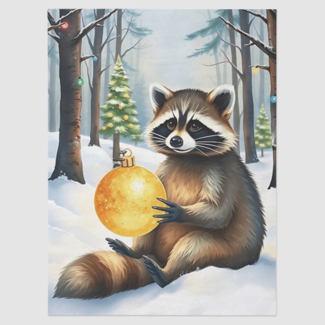 Cute Winter Raccoon with Gold Ornament Christmas Tissue Paper (Front)
