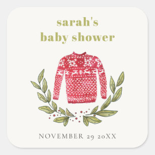 Cute Winter Red Green Ugly Sweater Baby Shower Square Sticker