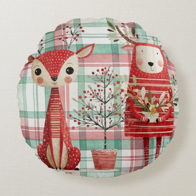 Cute winter reindeer round cushion (Front)