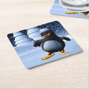 Cute Winter Sailor Penguin Snowy Holiday Art Square Paper Coaster