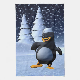 Cute Winter Sailor Penguin Snowy Holiday Art Tea Towel