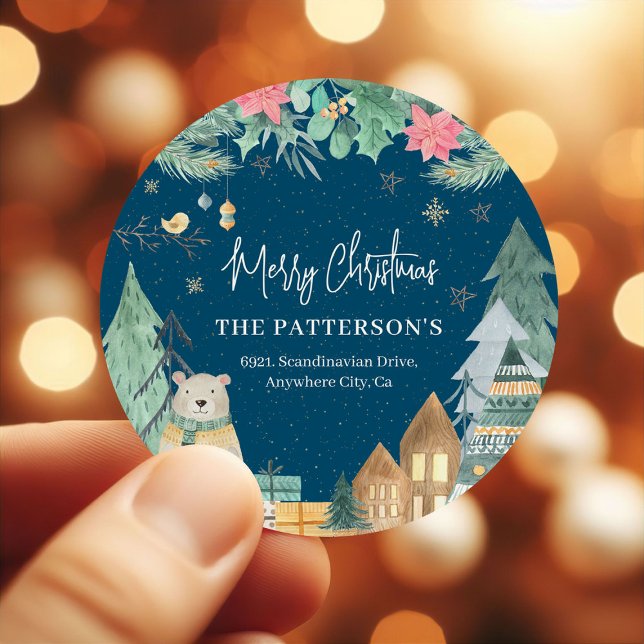 Cute Winter Scandinavian Christmas Return Address Classic Round Sticker (Creator Uploaded)