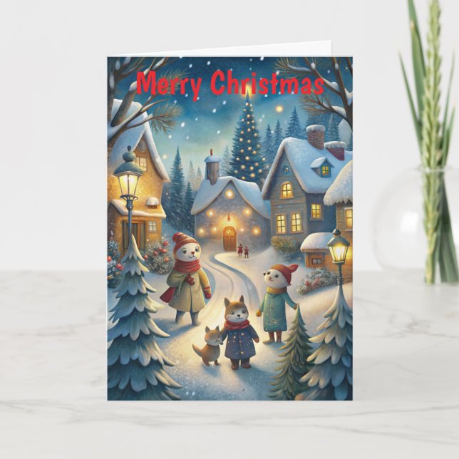 Cute Winter Scene at Christmas Holiday Card (Front)