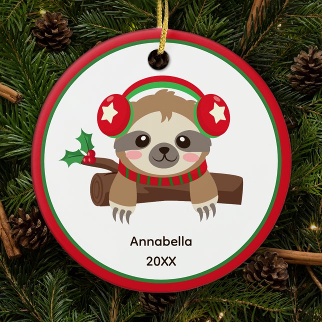 Cute Winter Sloth Personalised Kids Christmas Ceramic Tree Decoration (Creator Uploaded)