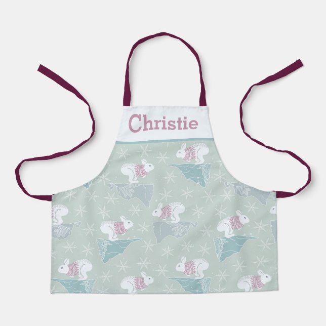 Cute Winter Snow Bunny Rabbit Kids Cooking Apron (Front)