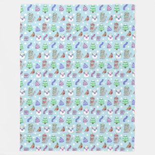 Cute Winter Snow Cat Pattern Fleece Blanket